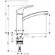 Hansgrohe Spültischmischer mit einem schwenkbaren Auslauf und einer Einhebelbedienung. Technische Zeichnung mit Maßen und Anschlussdetails dargestellt.